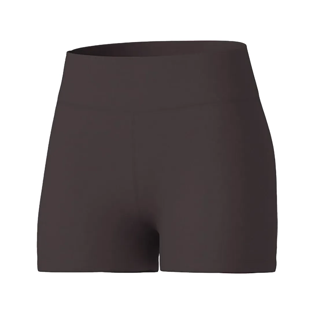 Shorts esportivo feminino Fila cor chocolate vista lateral mostrando cintura elástica e design sem costura